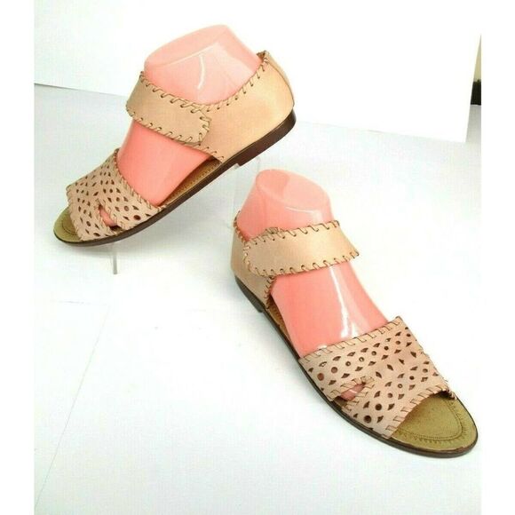 Arpeggios Nude Leather Sandals Lazer Cut Out Woven - Picture 1 of 12